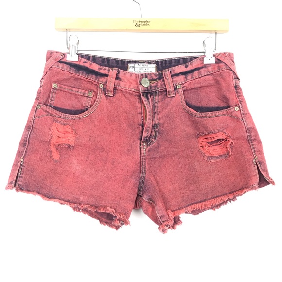 Free People Red Stonewashed Distressed Denim Short - Picture 2 of 5